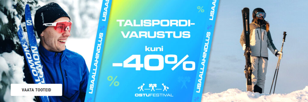 Tali/spordi/VARUSTUS (equipment)on ALLA/hinnatud (marked down). Hinnad (prices) on ALL, nii et pane suusad ka ALLA. Sind ootab nii METS ja tema rajad, nagu vasakul ja MÄGI ja nema NÕLVad (slopes) ning LASKUMISED (runs) nagu paremal pildil. Reklaam/pilt: Sportland Eesti