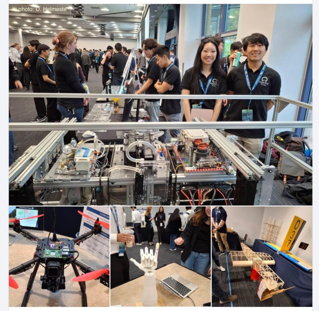 Samueli School of Engineering Design Review at UCI, March 14th, 2025. Top: Hyperxite; bottom row (L to R): Wildfire prediction and mitigation drone, robotic hand, and cargo plane projects