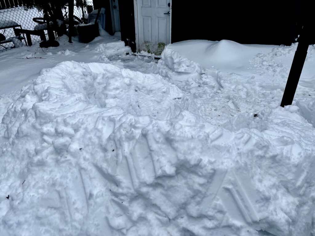 Even with packing snow, it's challenging to building a roof for the fort.