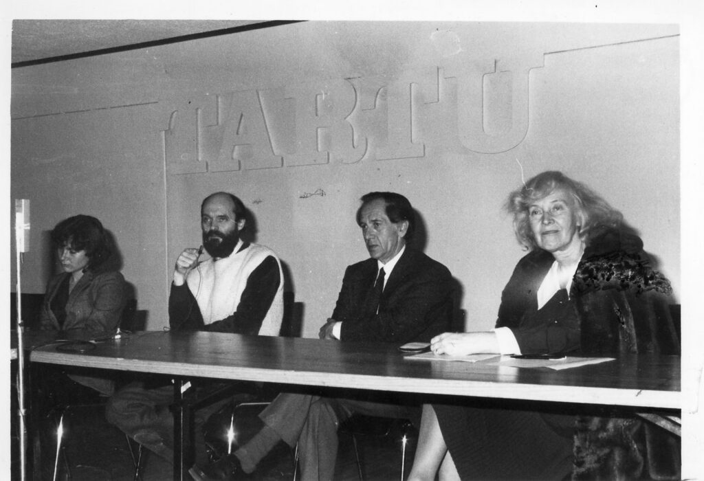 Participants of the Composers’ Panel Discussion - from left: Kristi Allik, Arvo Pärt, Lembit Avesson, and Stella Kerson. Event organizers: the Estonian Arts Center, the Estonian Central Council in Canada, and Tartu Institute (photo: Oskar Haamer, December 10th, 1981, at Tartu College in Toronto)