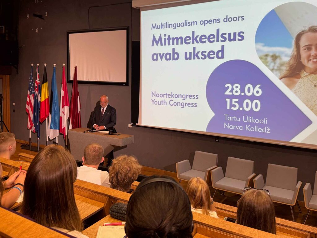 President Alar Karis delivering a speech to open the Youth Congress at the University of Tartu, Narva College
