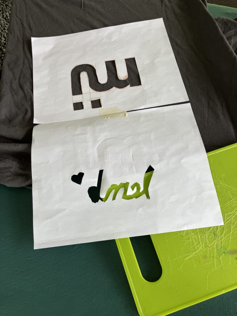 Tagurpidi sõnu ehk sõnade peegelpilti on alati lõbus dešifreerida (decipher). Siin on tagurpidi pööratud šabloon (stencil), millel kirjas MÜ lemb. Linoollõike või muu trükitehnika puhul peab pilt või sõnum olema tingimata tagurpidi loodud, et see trükkides n-ö õigeks pööraks. Foto: Riina Kindlam