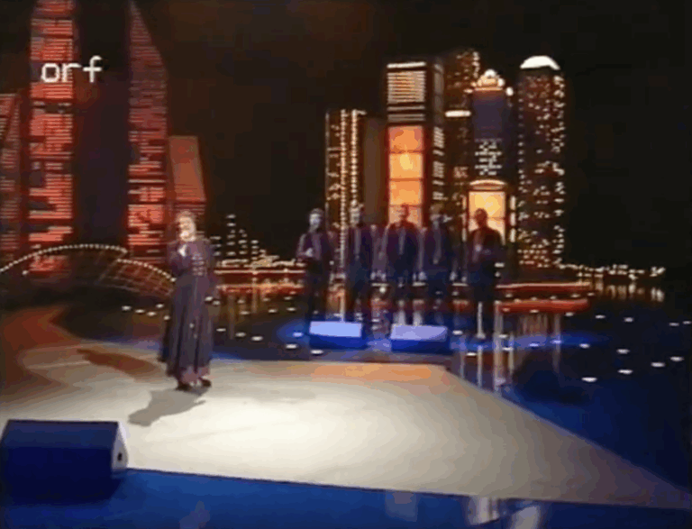 Still of Silvi Vrait singing "Nagu merelaine" at the 1994 Eurovision Song Contest