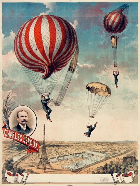 An 1888 poster demonstrating Leroux's parachuting feats (source- Bibliothèque nationale de France)