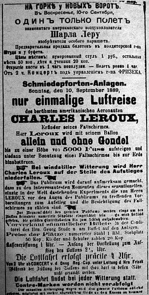 The ad promoting Leroux's Tallinn jump in Revalsche Zeitung newspaper