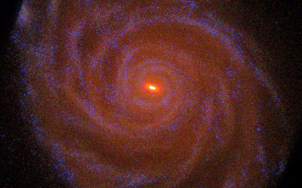 Teadlased võtsid ette Linnutee-sarnaseid galaktikate moodustumist kirjeldavad simulatsioonid ja üritasid välja selgitada, mida teadlased näeksid, kui nad tumeainest tingitud kiirgust registreerivad. (Allikas: AIP/ A. Khalatyan)