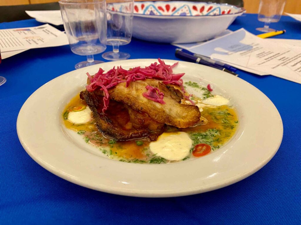 Crispy beer-braised pork belly with beer emulsion