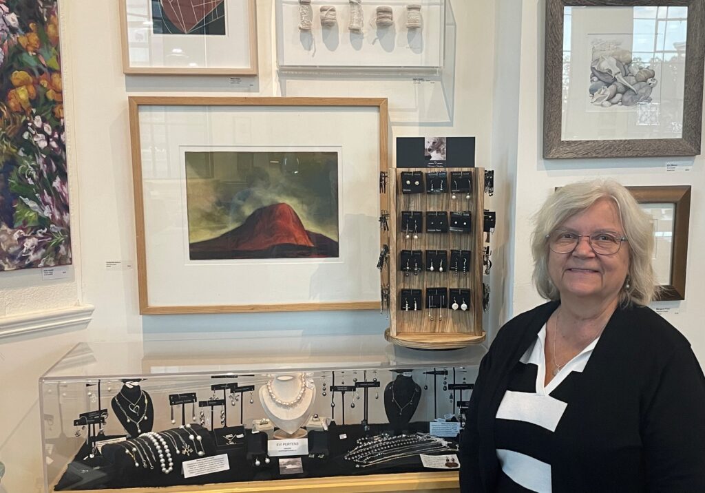 Evi Pertens showcasing her jewellery at the Carnegie Gallery in Dundas, Ontario where Evi is an artist member