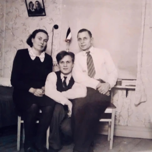 Young Kaldi with his parents Tiina & Jakob, left, and Kaldi hard at work on the family farm, 1954, Tiina & Jakob Polding, 1965.
