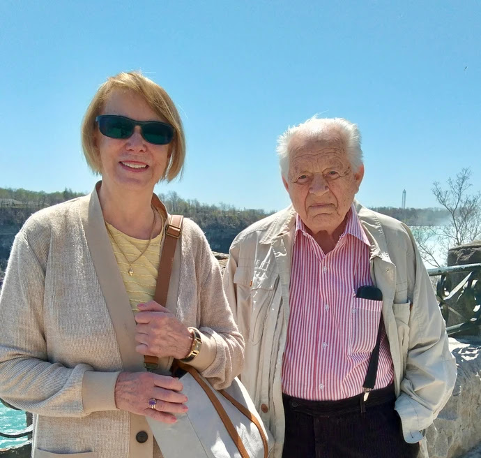 Kaldi with daugher Ille at Niagara Falls, left, and with daughter Kersti, granddaughter Elena and husband George, right.