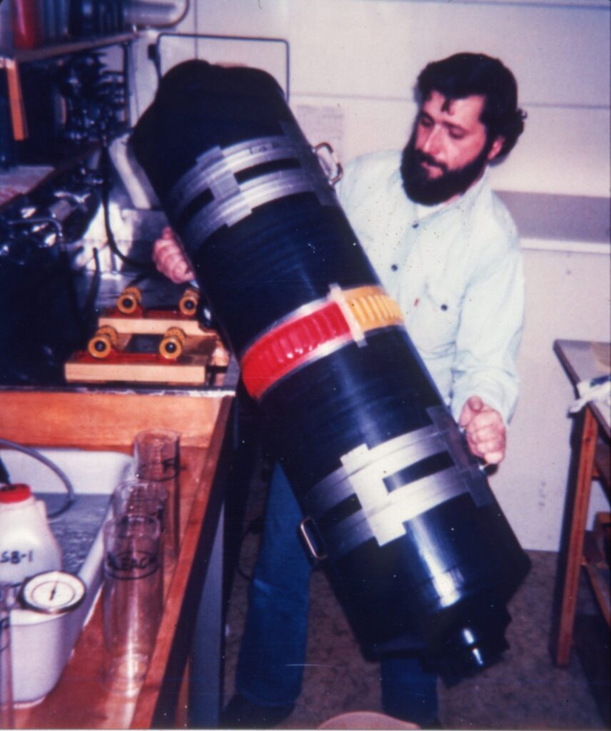 Maldre processing a large-scale photograph print in 1982 (photo by Peter Chechopoulos)