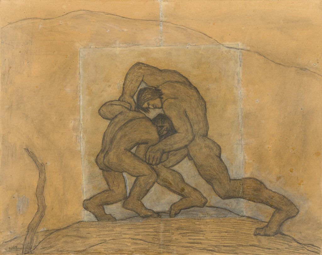 Kristjan Raud's drawing "Kalevipoeg ja Vanapagan," embodying the anger of the word "kurat" (source: Tartu Art Museum)