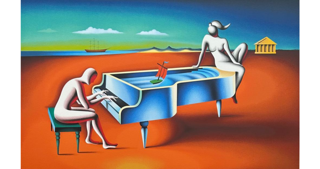 Mark Kostabi, "Blown Away," 2023 (source: artsy.net)