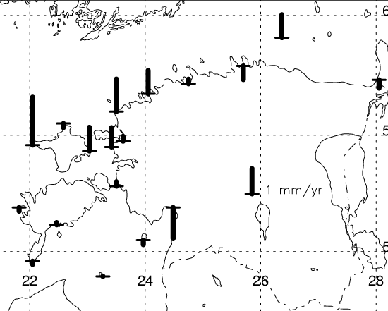 While historical tide gauge data (shown here) reflects land uplift relative to 20th century sea levels, modern GPS measurements confirm the Estonian crust is physically rising by as much as 3.5 mm per year in the northwest (source: "Postglacial rebound in Fennoscandia," ResearchGate)