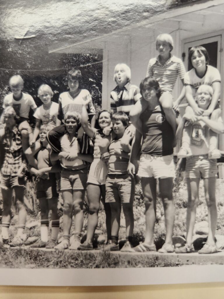 Mihkel (second from left) sitting on David Kalm's shoulders at Seedrioru Estonian Summer Camp in 1977