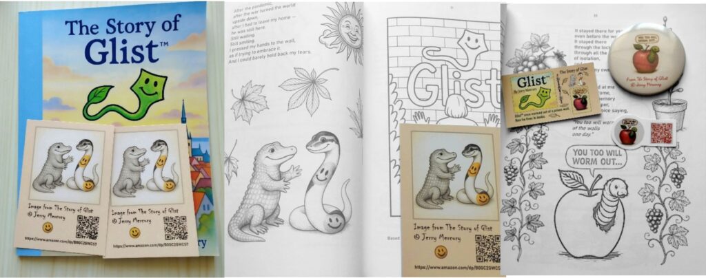 Postcards, badges, stickers, and printed materials connected to The Glist™ Series. Jerry Mercury. All rights reserved.