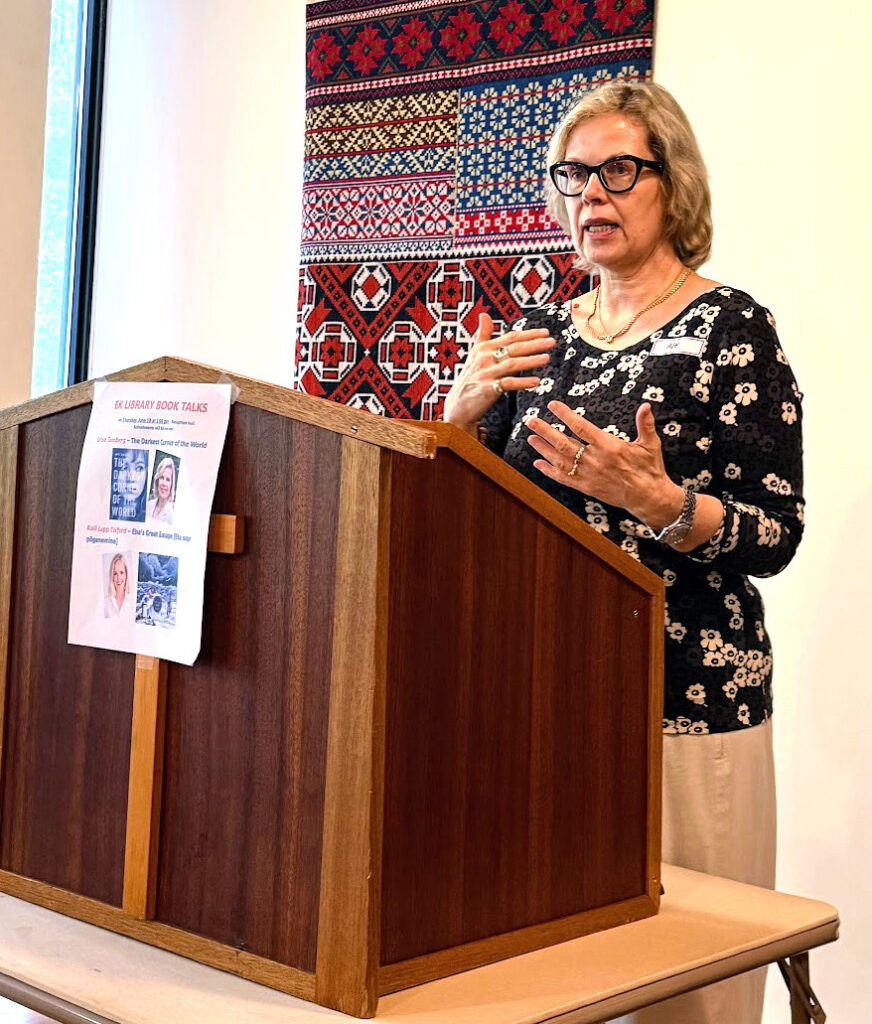 Author Urve Tamberg discusses her historical novel, The Darkest Corner of the World, during the Book Talks session at Eesti Kodu. The book chronicles the harrowing experiences of a teenager caught between the Soviet and Nazi occupations of Estonia in 1941, highlighting the moral dilemmas and survival stories that define the nation’s past. (June 2026)