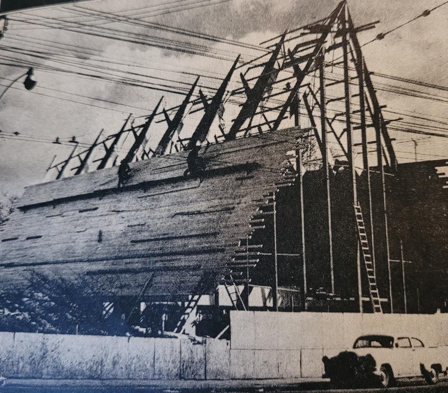 Roof cross beams are installed prior to the copper sheathing in 1954