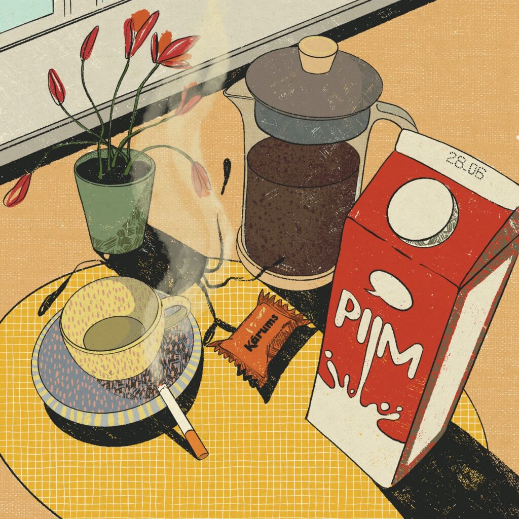 Estonian Breakfast by Ksenia Yolk, featuring the Estonian word “piim” (“milk”) on the carton